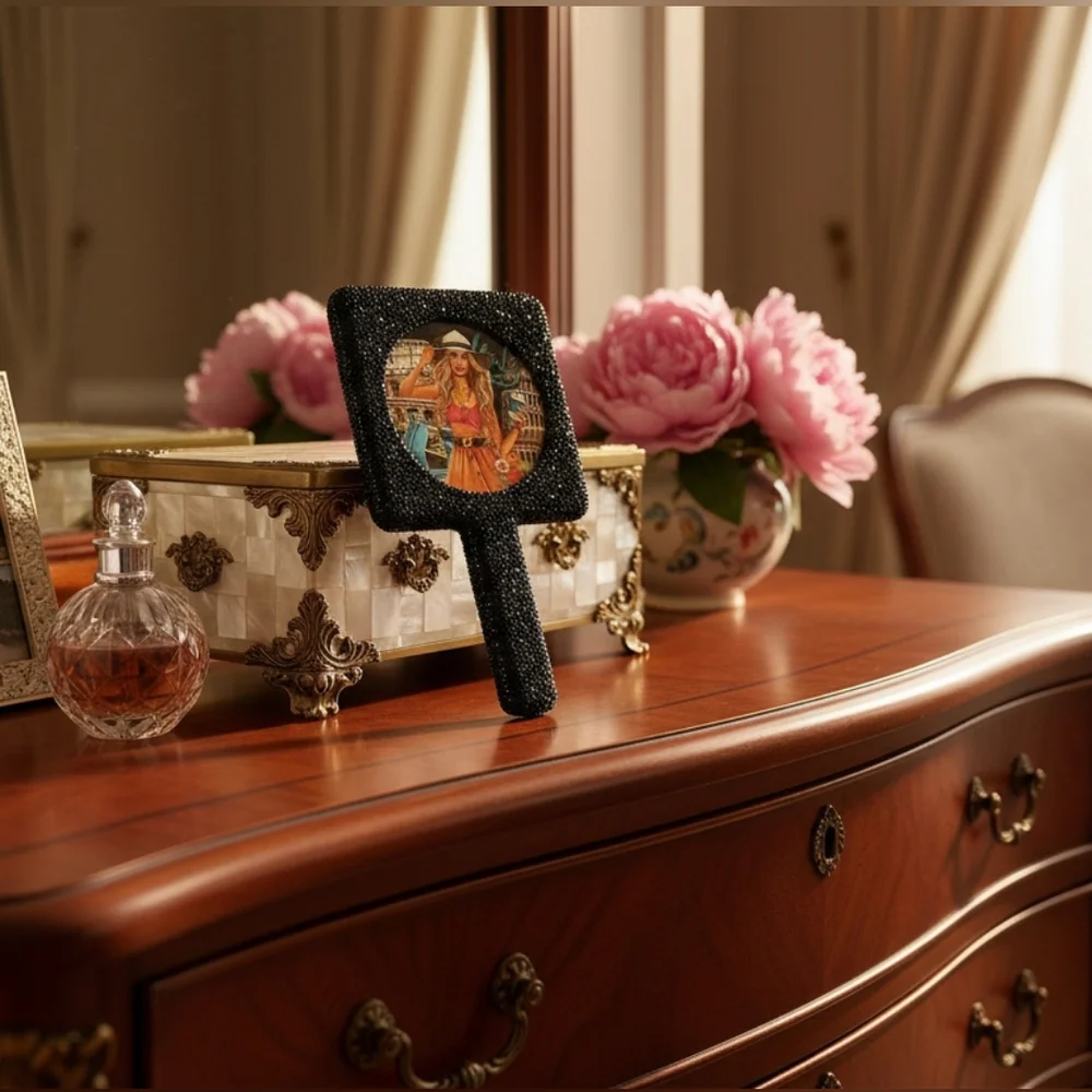 Nicole Lee Rhinestone Encrusted Handheld Round Face Mirror Beauty Vanity Travel